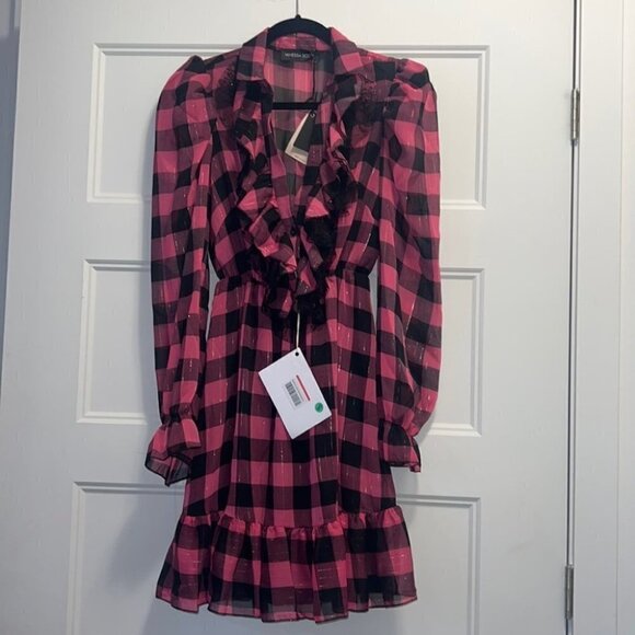 Vanessa Scott pink ruffle tunic dress tartan print long sleeves dress size M - Picture 3 of 14
